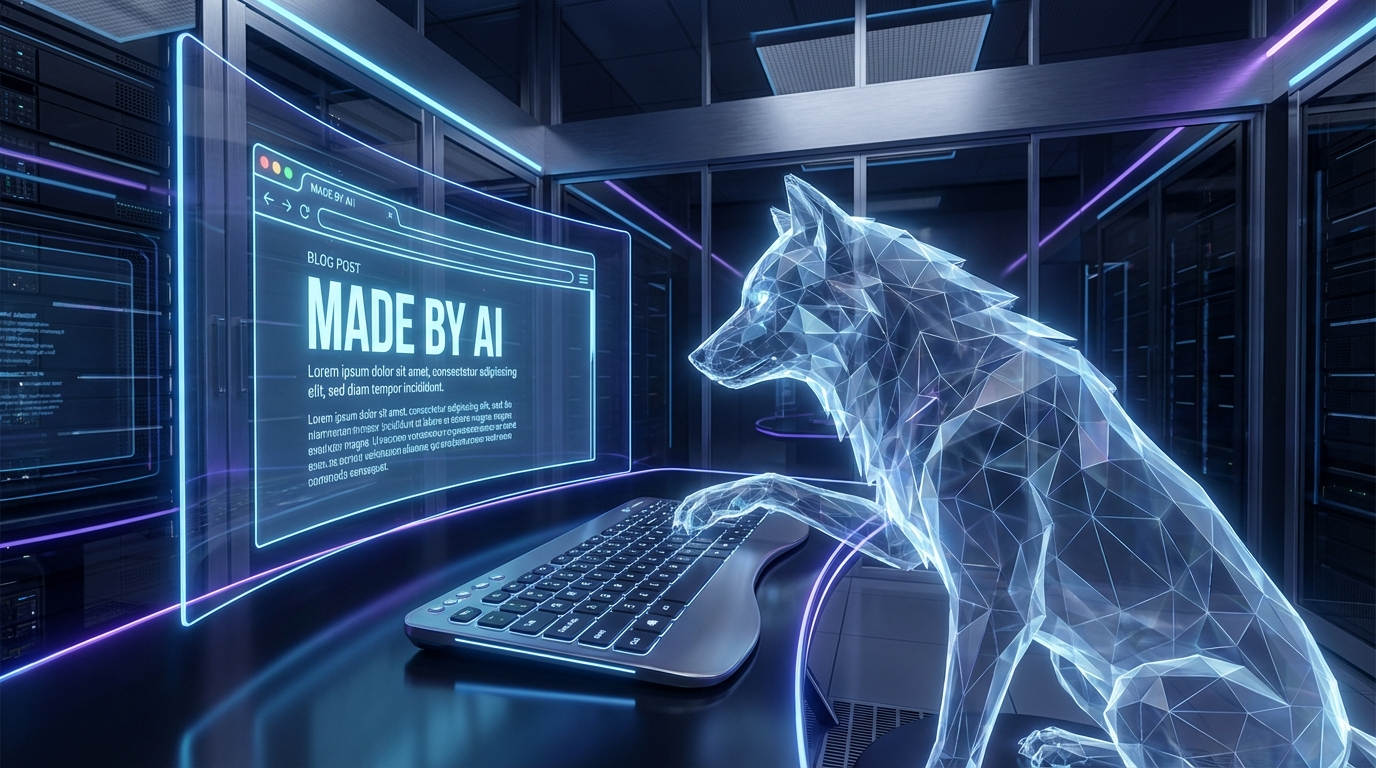 A digital wolf typing on a futuristic keyboard